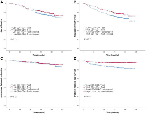 Figure 3 Kaplan–Meier survival curves of high and low CD3+CD4+ T cell groups based on overall survival (A), progression-free survival (B), locoregional relapse-free survival (C), distant metastasis-free survival (D) in NPC patients.