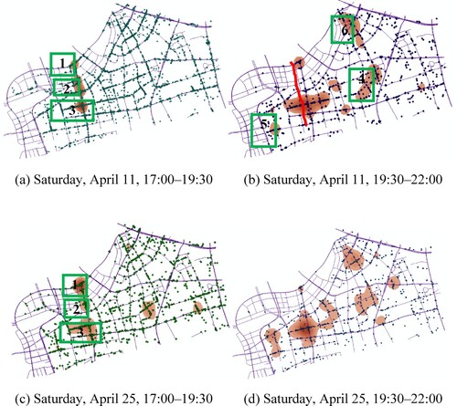 Figure 16. Hotspot distribution of drop-off taxis from 17:00–22:00 on April 11 and April 25.