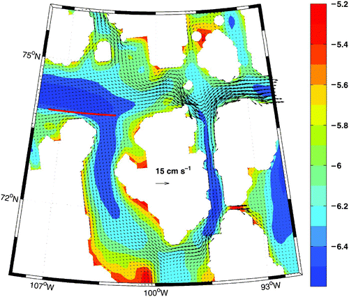 Fig. 7 Enlargement of the inset area in Fig. 6a showing the currents. The background field is log10(f/h). The red line shows the position of line A, along which the momentum balance is averaged in Fig. 10.