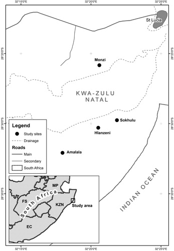 Figure 1. Study sites in uThungulu district in KwaZulu-Natal.