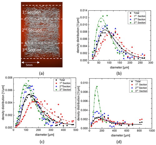 Figure 10. Illustration of defined depth sections for one 3D image after filtration time of 60 min (a); size distribution total and in the three depth sections after a filtration time of 30 min (b); after a filtration time of 45 min (c); after a filtration time of 60 min (d).