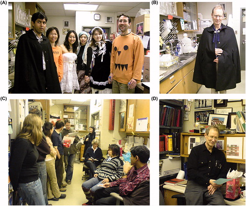 Figure 13. Photos from Halloween 2005 and a Christmas party in 2006. (A) Jeffrey Dason, Yao-Fang Tan, Katrina Choe, Peggy Law, Jennifer Chou and Markus Klose. (B) Harold Atwood. (C) Michele Askew, Leo Marin, Katrina Vandamme, Martin Wojtowicz, Markus Klose, Wen-Jia Zhang, Marianne Hegström-Wojtowicz, Una Cheung, and Jeffrey Dason. (D) Harold Atwood.