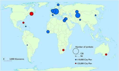 Figure 12. Map showing Soviet military city plans analysed in the sample, with proportional circles indicating the number of symbols used on each plan.