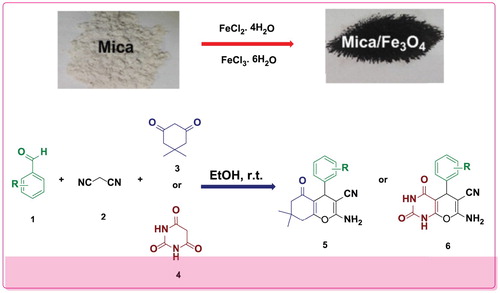 Scheme 1. Synthesis of 2-amino-4H-chromenes derivatives in the presence of mica/Fe3O4 nanocatalyst.