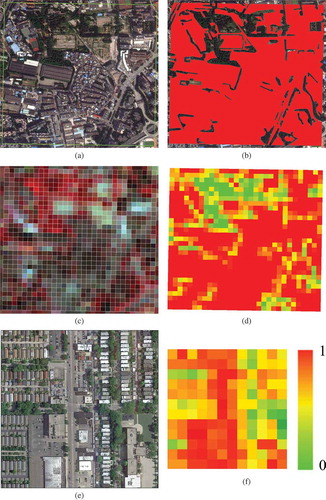 Figure 2. Process of ISA estimation with CART: (a) one of the training areas in QuickBird imagery (Guangzhou); (b) binary map of impervious surfaces in training area extracted using O-O classifier; (c) grid corresponding to Landsat8 Oli imagery in training areas; (d) density of impervious surfaces in training area (30 m resolution) for training; (e) one of the validation areas in QuickBird imagery (Chicago); (f) density of impervious surfaces in validation area (30 m resolution) for accuracy validation.