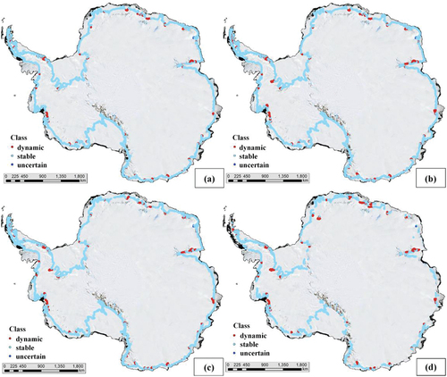 Figure 5. Antarctica GL update products, (a) MOA Citation2004 GL update results; (b) MOA Citation2009 GL update results; (c) ASAID GL update results; (d) InSAR GL update results.