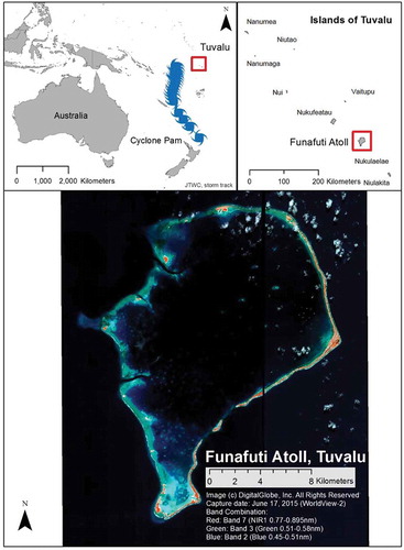 Figure 1. Map of Funafuti Atoll, Tuvalu, with Cyclone Pam’s path (March 2015).