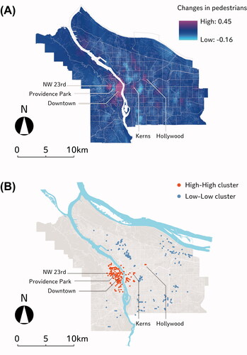 Figure 3 Spatial distribution of the changes in pedestrians by (A) kriging and (B) local Moran’s I.