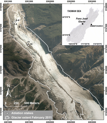 Figure 1  Location map of Franz Josef Glacier, including debris-covered zones at the terminus and the medial moraine (coordinate system: NZTM). Numbers refer to ablation stakes in Table 1.