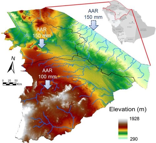 Figure 6. The areal extent of the study area in Saudi Arabia, the general distribution of elevation and Stream network.