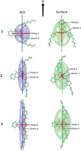 Figure 11. (Colour online) Optimised structures of the dyes shown with their minimum MOI axes (left, blue) and their surface tensor z-axes (right, green) overlaid and oriented, respectively, along a vertical host director, n. The respective ellipsoids have their principal axes along the eigenvectors of the MOI and surface tensors, with dimensions proportional to the reciprocal of the respective eigenvalues. The calculated visible TDM vectors are also shown in red.