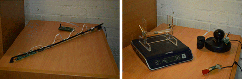Figure 5. Picture of prototype bow (left) and training setup (right): Razer Hydra and scale with mock string.