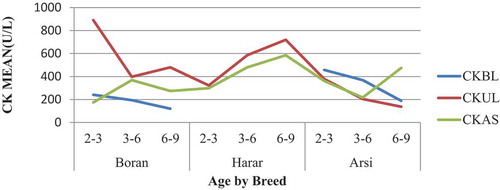 Figure 1. Trend in the level of CK before loading, after unloading and at slaughter for the three age groups by breeds.