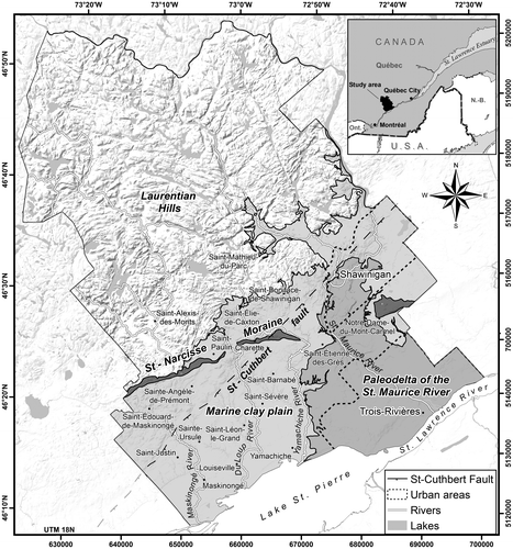Figure 1. Location and digital elevation model of the study area. The four main regional hydrogeologic contexts are shown: the Laurentian Hills, Saint-Narcisse morainic complex, Marine clay plain and paleodelta of the St. Maurice River.
