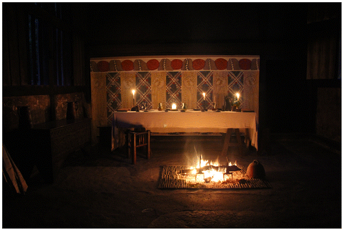 Fig. 6. Replica painted hanging in the hall of Bayleaf Farmhouse (c. 1540), Weald & Downland Open Air Museum, Sussex, as viewed in the evening by fire and candlelight, July 2014.