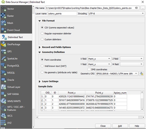 Figure 61. Create a Layer from delimited text files: By the use of coordinates stored in different columns of a delimited text file, point vector files can be created.