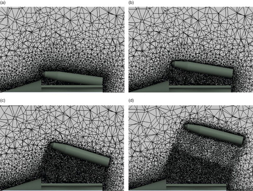 Figure 17. The process of mesh reconstruction for α = 7° and v0 = 16 m/s at (a) t = 0 ms, (b) t = 10 ms, (c) t = 20 ms, and (d) t = 30 ms.