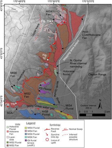 Figure 10. Tectonic and Quaternary geomorphic map of the Bray segment of the Fox Peak Fault (north of the Ribbonwood section, Figure 1). Age control and marine isotope stage correlations are discussed in the text. Debris mantled slopes and alluvial fans are not differentiated in this mapping because the former are rare (only present at Fox Peak ski field road) and closely resemble the latter. A northeast–southwest striking monocline (western edge of a syncline not in the map area) has been active in the late Quaternary. Fault traces of the Fox Peak Fault are often sinuous and splay into two or more traces around valleys. (•) Location of the North Opuha River at its narrowest – an effect of the uplift of the frontal monocline. The inferred fault trace shown at the Stony Creek Anticline (SCA) is an estimation of the surface projection of the reverse fault associated with the SCA.