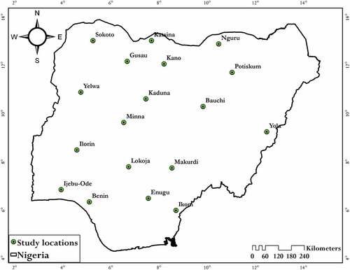 Figure 1. Spatial distribution in Nigeria of the 18 synoptic stations studied.