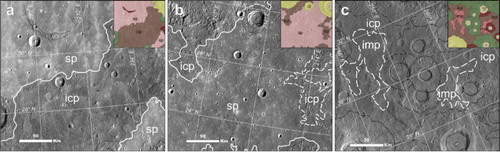 Figure 5. The range of plain morphologies within the H03 quadrangle. (a) Comparison of textures surface between SP and ICP in the central sector of the quadrangle, highlighted by clear albedo contrasts. (b) Example of SP with slightly corrugated surface texture with respect to the flatter shown in (a). (c) Example of ICP in the eastern sector of the quadrangle and IMP that occur as small patches.