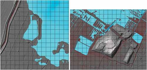 Figure 10. Leakage effect of HEC-RAS sub-grid mesh examples of HR100_100 (left) and HR25_1 (right). Larger ponds of water in both images are disconnected from the inundation extent.