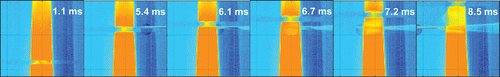 Figure 3. Thermophoretic soot sampling was performed using a single action pneumatic piston to insert a TEM grid. High precision tweezers were used to hold the grid during sampling. A high speed camera was used to image the flame during sampling and the images at various time steps with respect to the initial laser prompt are displayed above. As the evaporated zone advects, the probe begins to enter the flame at approximately 6 ms, and exits at approximately 7.1 ms. Following the exit of the grid from the flame, the flame was extinguished and the sample collected.