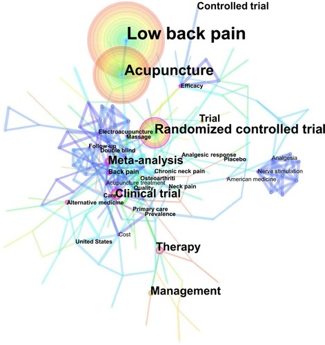 Figure 8 A keyword cooccurrence map of acupuncture for LBP from 1997 to 2016.