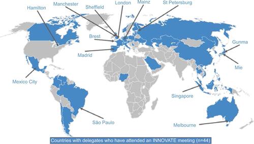 Figure S2 INNOVATE program: global reach to date. INNOVATE meetings have been held in the cities indicated. The blue shading represents the countries (n=44) with delegates who have attended an INNOVATE meeting.Abbreviation: INNOVATE, INternational Network fOr Venous and Arterial Thrombosis Excellence in practice.