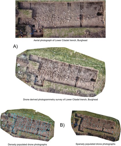 Figure 10. A) Comparison of orthophoto and photogrammetry model and B) comparison of photogrammetric models.