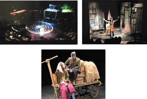 Figure 8. The top two, Figure 8a and 8b pictures demonstrate some techniques of the V-effect, generated by having the actors deliver their lines in the third person or the past tense, or reciting the stage directions aloud as they are being executed (Good Person of Szechwan in 2011) (Harris, Citation2011). The lower picture shows a scene from Mother Courage theater (Edward, Citation2014).