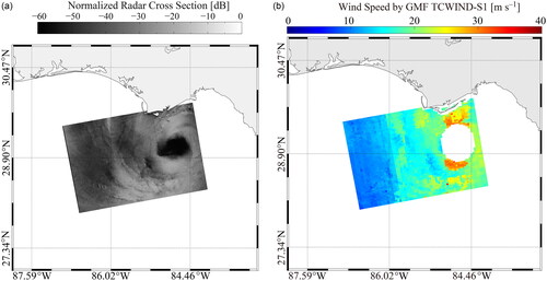 Figure 8. (a) Quick-look of the VV-polarized S-1 image over. (b) Inverted wind map of Typhoon Hermine obtained using GMF TCWIND_S1.