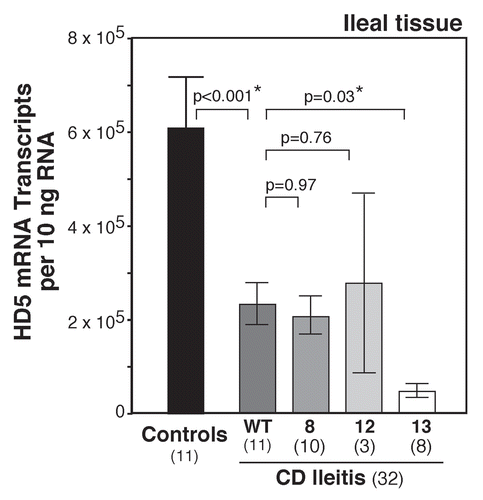 Figure 3 HD5 expression related to NOD2 genotype in patients with ileal CD. HD5 mRNA expression was determined by RT -qPCR of RNA isolated from ileal biopsies from patients with CD and controls. Samples were grouped by NOD2 genotype. All patients with CD had significant reductions in HD5 mRNA expression, irrespective of NOD2 genotype. However, there were significantly greater reductions in HD5 expression in patients with the SNP13 NOD2 mutation. The SNP13 mutation has shown increased association with severe ileal disease.Citation48,Citation49 Composite figure and data from Wehkamp et al.Citation44 redrawn by Dr. Charles Bevins, UC Davis School of Medicine, Davis, CA , Copyright (2005) National Academy of Sciences USA.