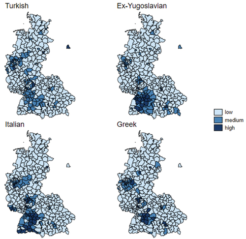 Figure 2. Geographic concentration of selected ethnic groups across the former West Germany.