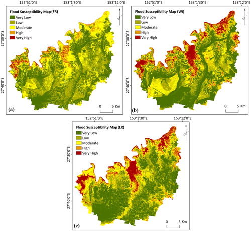 Figure 3. Flood susceptibility maps derived from: (a) FR, (b) Wi and (c) LR.