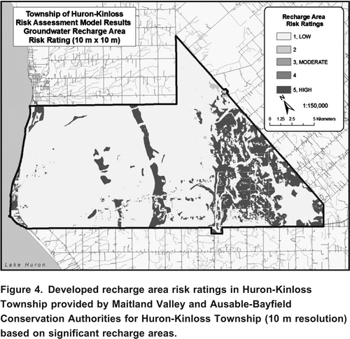 Figure 4. Developed recharge area risk ratings in Huron-Kinloss Township provided by Maitland Valley and Ausable-Bayfield Conservation Authorities for Huron-Kinloss Township (10 m resolution) based on significant recharge areas.