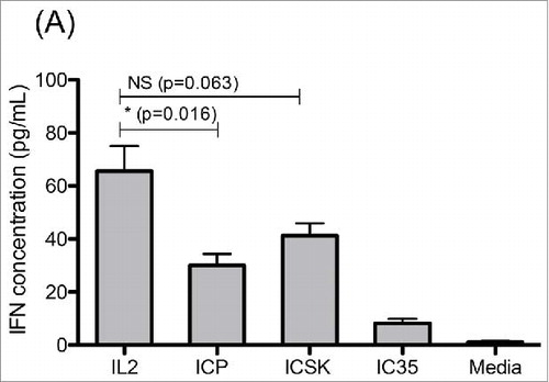 Figure 7. ICSK leads to increased IFNγ secretion on SCID splenocytes when compared to ICp. Comparison of IL2, ICp and ICSK induced secretion of interferon-γ on SCID splenocytes. Freshly isolated SCID splenocytes were stimulated with 7 μg/mL (equivalent to 1.3 × 103 ng/mL IL2) ICp, IC35, or ICSK for 72 h at 37°C. Supernatants were harvested and secreted IFNγ was measured via flow cytometry using a colorimetric bead array. Error bars indicate SD of five samples. Data are representative of three separate experiments. Statistical differences of biological significance are represented with an asterisk *p-value = <0.05.