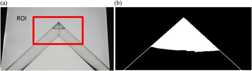 Figure 4. Example of image treatment: (a) original image with ROI and (b) detail of processed and binarized image.