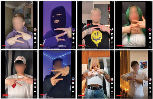 Figure 5. Pro-Russian TikTok influencers forming the Latin Alphabet glyph Z while performing a TikTok dance to Rae Sremmurd’s song “Swang.”