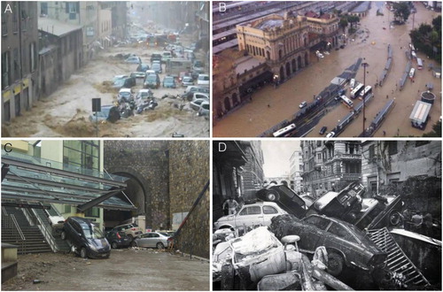 Figure 7. Extreme hydrological events. (A) The November 2011 Fereggiano creek flood; (B) The November 2011 Bisagno Stream flood at the Brignole Railway Station; (C) The October 2014 flood, near Brignole Railway Station; (D) The October 1970 flood at Foce neighborhood.