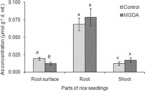 Figure 5. Arsenic (As) uptake in rice (Oryza sativa L.) seedlings as influenced by methylglycinediacetic acid (MGDA; 0 and 1.0  mM). Arsenic concentrations in roots were measured after removing As from root surfaces by citrate–bicarbonate–ethylenediaminetetraacetic acid (CBE) solution. Values are mean ± SD (n = 3). Different letters indicate significant differences (p < 0.05) between treatments.