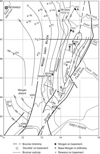 Figure 3 Structure contours on the base of the Morgan Coal Measures: Mount Davy Block and the eastern slopes of the Mount Davy–Sewell Peak ridge. Interpretation of the base in some sections as Dunollie Coal Measures was by Gage (Citation1952).
