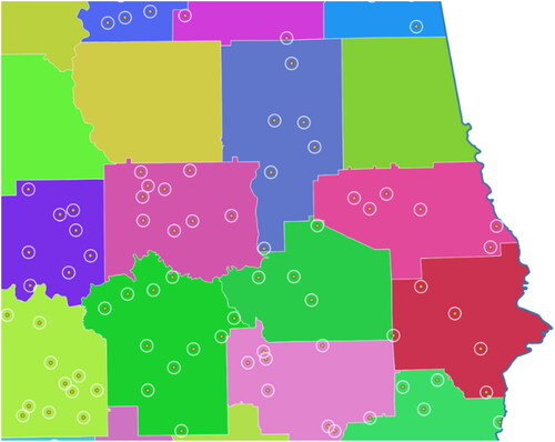 Figure 84. After applying the Dissolve tool, the polygon layer is transformed into a state outline (Blue). The white circles were created using a radial buffer of 2000 m around of all the honey bee colony locations.