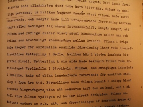 Figure 2. Excerpt from the police report where Kaeyér states that the pornographic film was ‘American’ and was imported via Werldsfilm Ltd in Stockholm. Case 267. Citation1922. Uppsala läns norra domsaga. Dombok vårtinget. The Regional Archives in Uppsala.