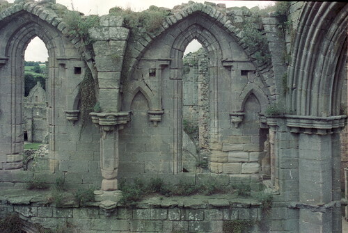 Fig. 26. Fountains Abbey: one bay of the clerestory in the Chapel of the Nine Altars, showing the system of rear wall corbels and chamfered blind arches. At left of centre is the cut back high vault springer with tas-de-charge level-bedded blocksS. Harrison
