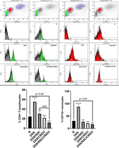 Figure 11 Flowcytometric determination of CD4+ve and CD11b cells. Effect of NSC, CRID3 and NSC/CRID3 on the % of CD4+ve T-lymphocytes (left half panel) and % of CD11b+ve monocytes (right half panel) in peripheral blood. The flow cytometric histograms depict flow cytometric gating according to cell size and granularity. A: monocytes population and E: lymphocytes population. @@@P < 0.001 vs DSS/NSC, ****P < 0.0001 vs DSS, ++++ P < 0.0001 vs N