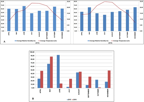 Figure 1. Average temperature (°C) and average relative humidity (%) during the experimentation period [A]; and total precipitation (mm) during the experimentation period [B].