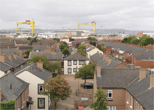 Figure 6. The dwelling in the center of the photograph was built in the early 1980s on the middle of a former east Belfast through-street. This strategic placing created a cul-de-sac space behind the dwelling and courtyard space to the foreground. Photograph: Donovan Wylie.