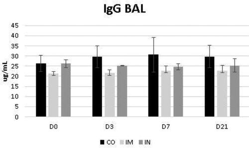 Figure 6. Presence of IgG in bronchoalveolar lavage fluid (BALF) in healthy Heifers vaccinated against the bovine respiratory complex (BRD) compared to controls. CO (group control; n = 5); IM (group vaccinated against BRD intramuscularly; n = 5); IN (group vaccinated against BRD intranasally; n = 7). (D0) is day 0 immediately before the application of the first dose of the vaccine; (D3, D7 and D21) are three, seven and 21 days respectively after the last dose of the vaccine. Means statistical significance was assessed by Tukey test. * p < 0.05, inner the graphics bars- treatment interaction, outside the graphics bars- time interaction.
