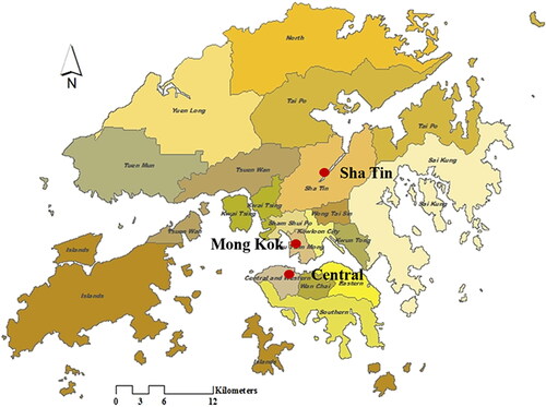 Figure 1. Location of the three urban settings studied in Hong Kong. Source: Authors.