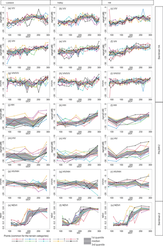 Figure 6. Time-series changes in backscatter coefficients and cross polarization ratio for each topographical categories, polarisation, and band.